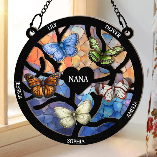 Birth Month Butterflies Nana Mom - Personalized Window Hanging Suncatcher Ornament