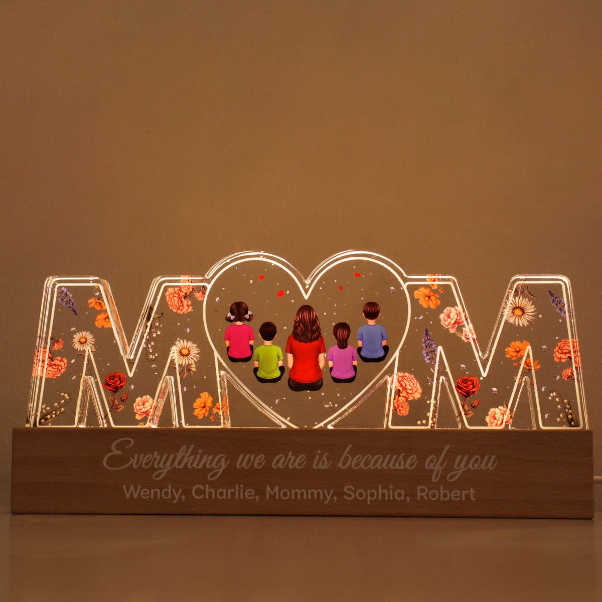 Mom Everything I Am Is Because Of You Personalized LED Night Light, Birth Month Flower, Gift For Mom, Grandma