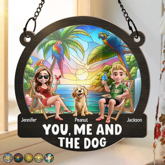 Beach You, Me And The Dogs - Personalized Window Hanging Suncatcher Ornament