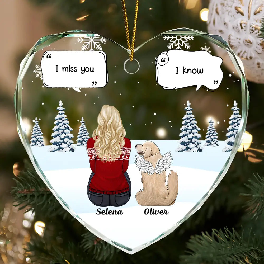 I Miss You Memorial Dog Cat - Personalized Heart Shaped Glass Ornament