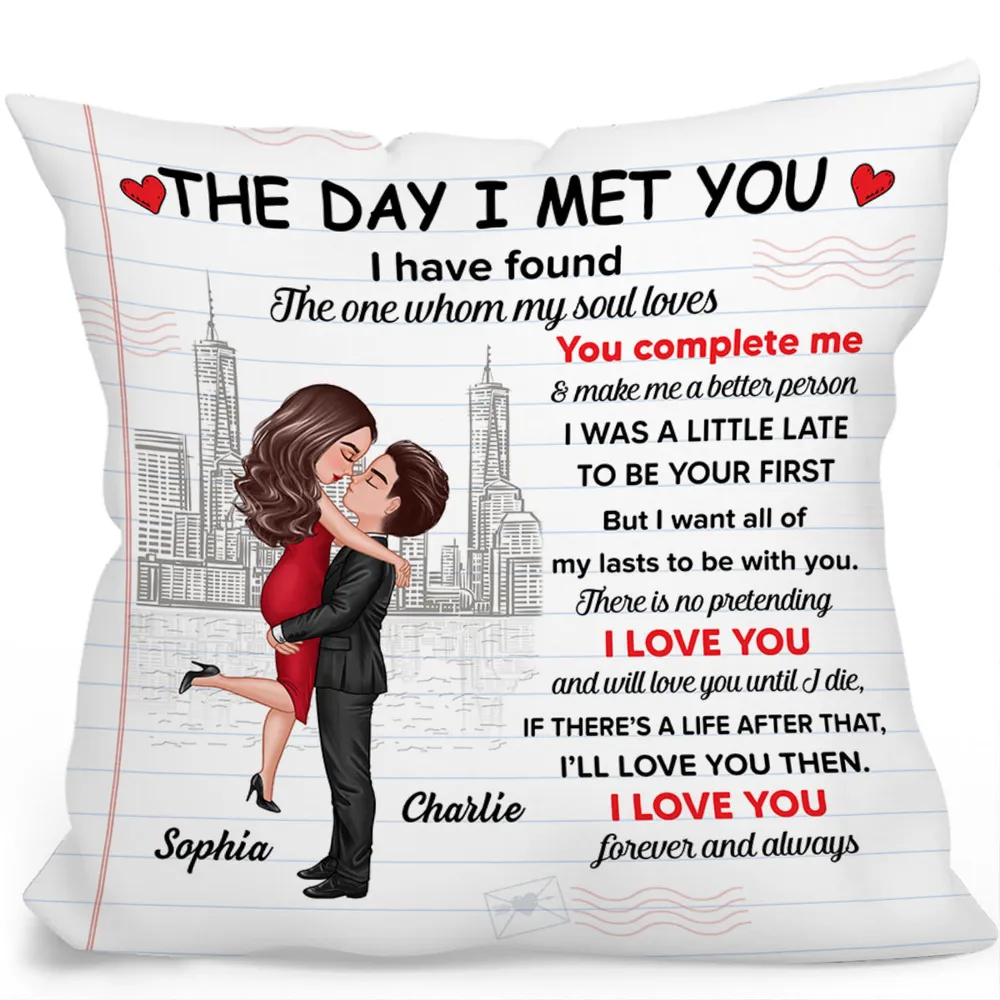 The Day I Met You Couple Skyline Personalized Pillow