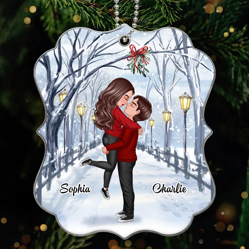 Doll Couple Hugging Kissing Under Mistletoe Personalized Acrylic Ornament