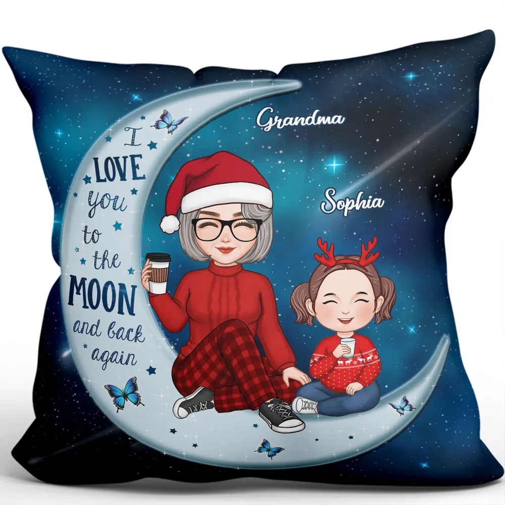 Cute Grandma & Grandkid On Moon Christmas Gift For Grandson Granddaughter Personalized Polyester Linen Pillow