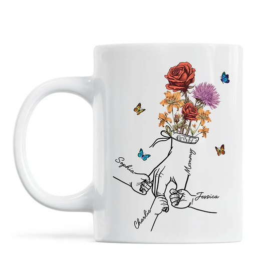 Holding Mom Grandma Hand Birth Month Flowers Personalized Mug