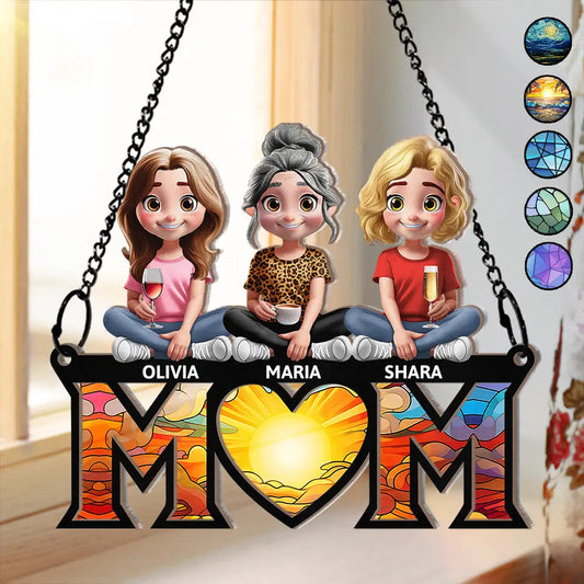 Mother Daughter Son We Love You Mom 3D Cartoon - Personalized Window Hanging Suncatcher Ornament
