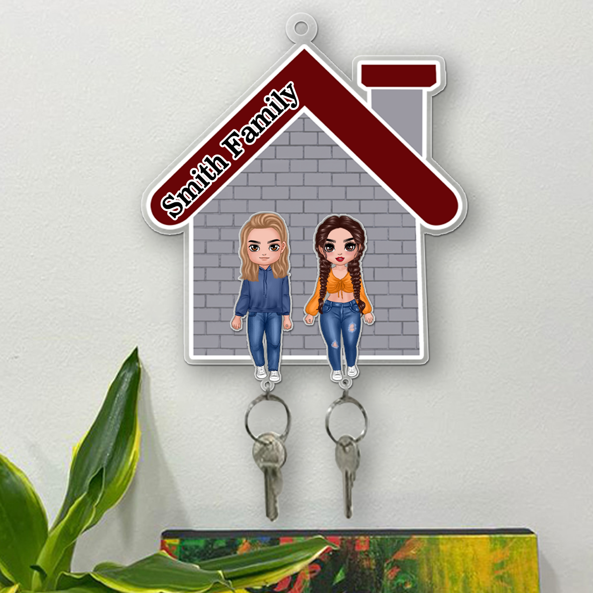 Doll Couple and House Personalized Acrylic Key Holder Hooks Gift For Her Gift For Him