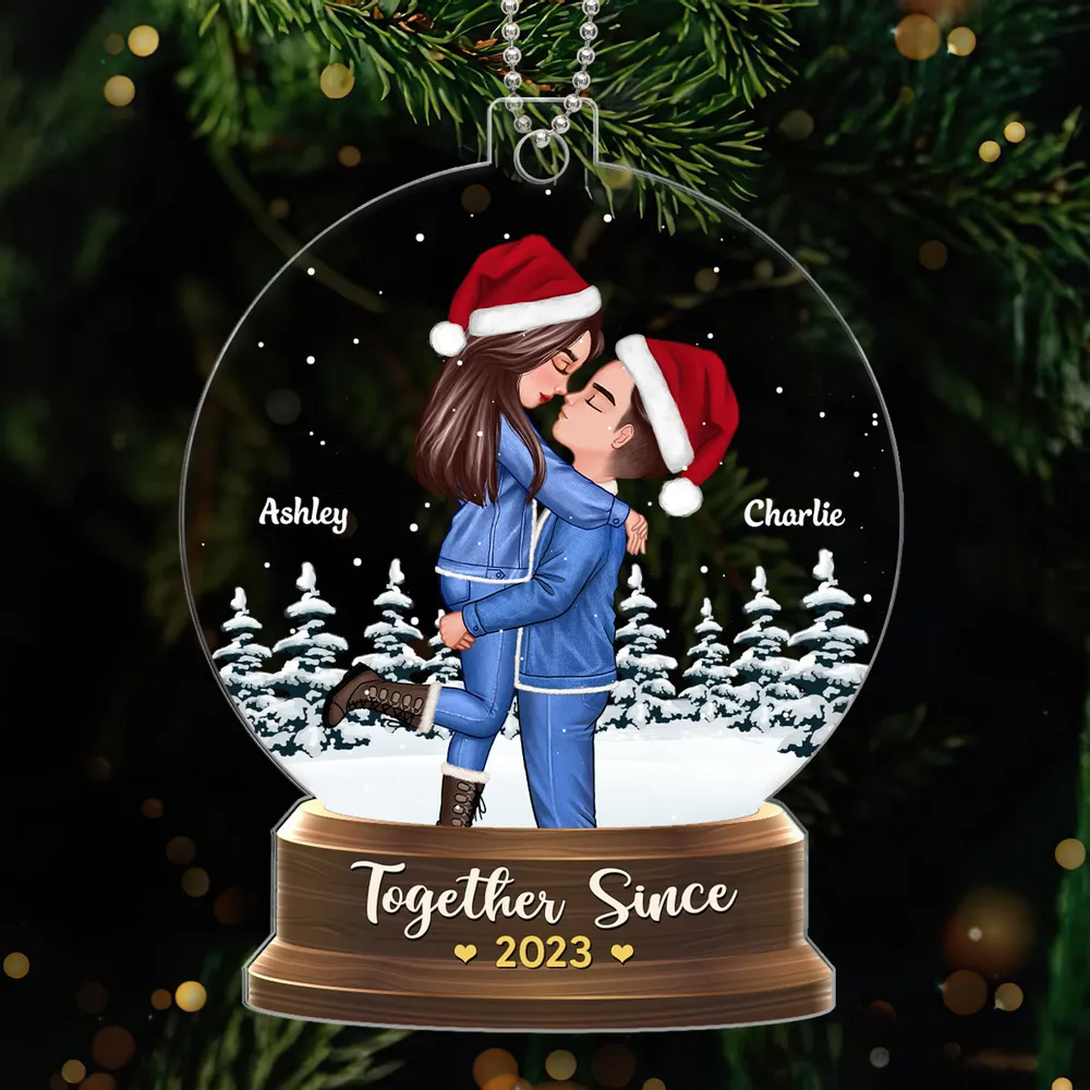 Couple Hugging In Christmas Night Snow Globe Personalized Acrylic Ornament