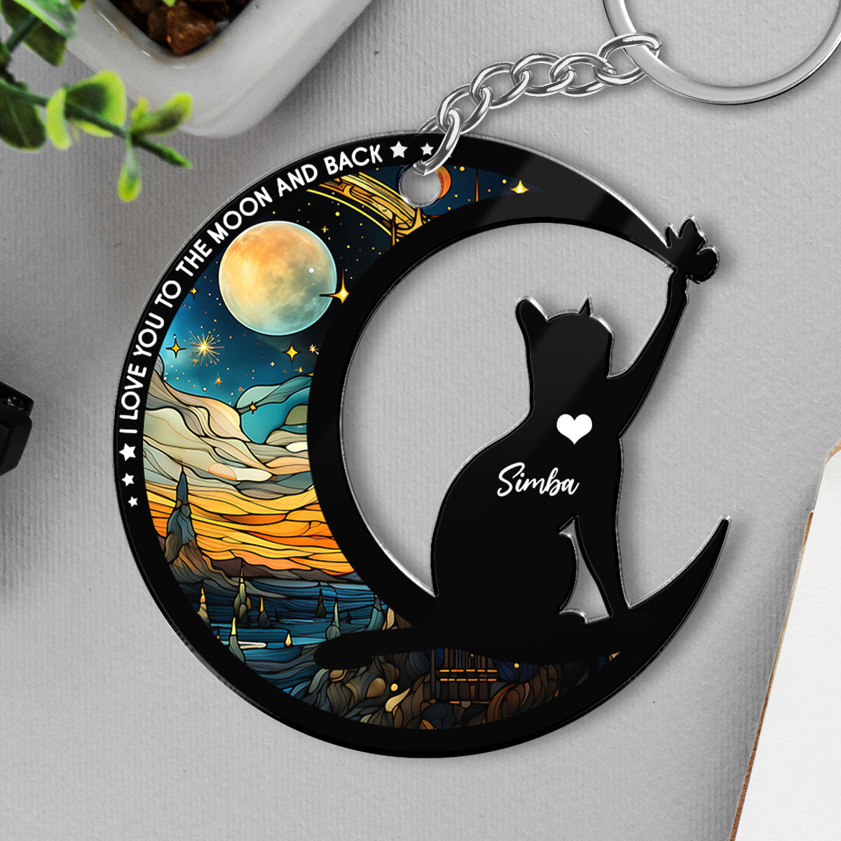 Cat Love To The Moon Personalized Memorial Keepsake Keychain