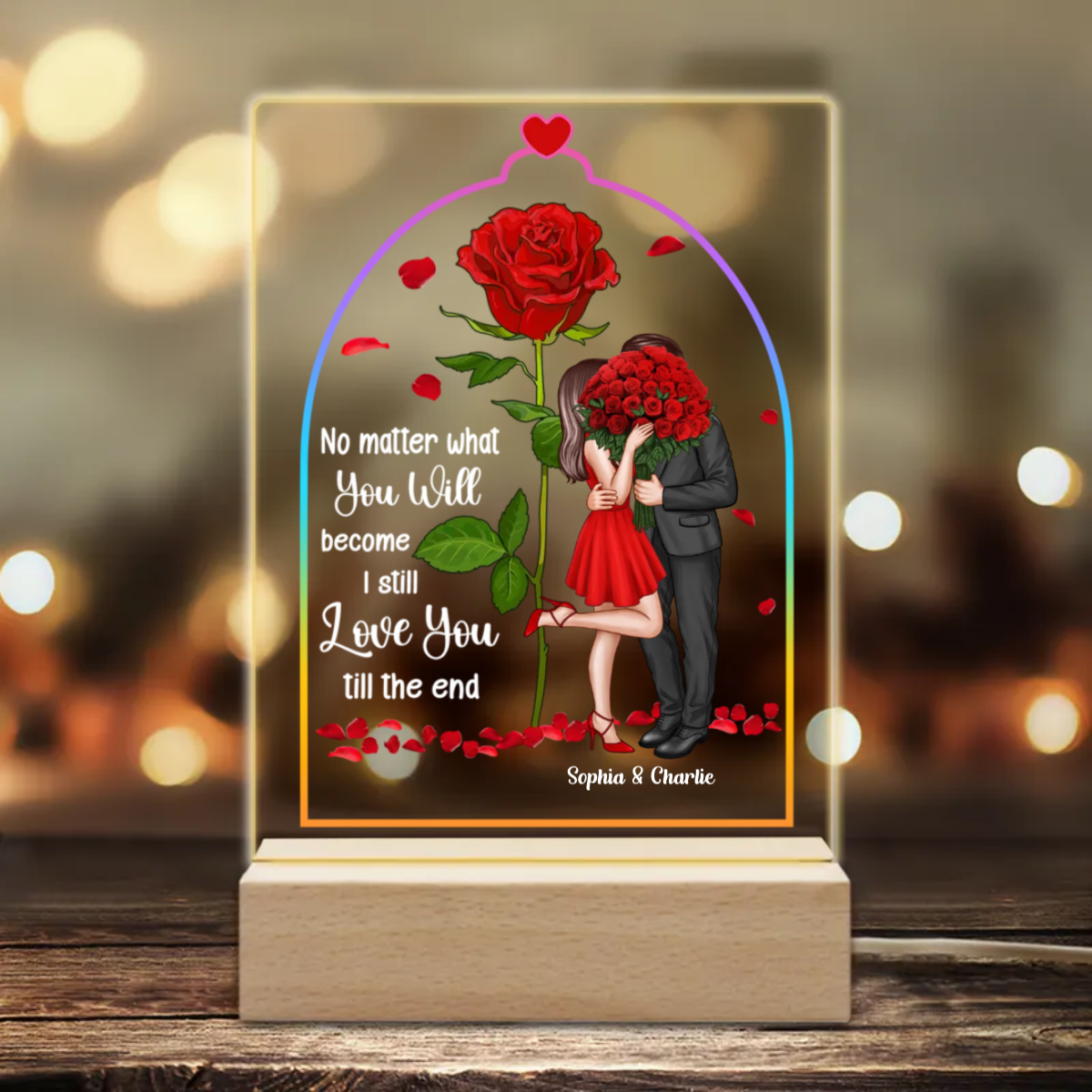 Standing Couple Kissing Rose Personalized Acrylic Plaque Warm LED Night Light