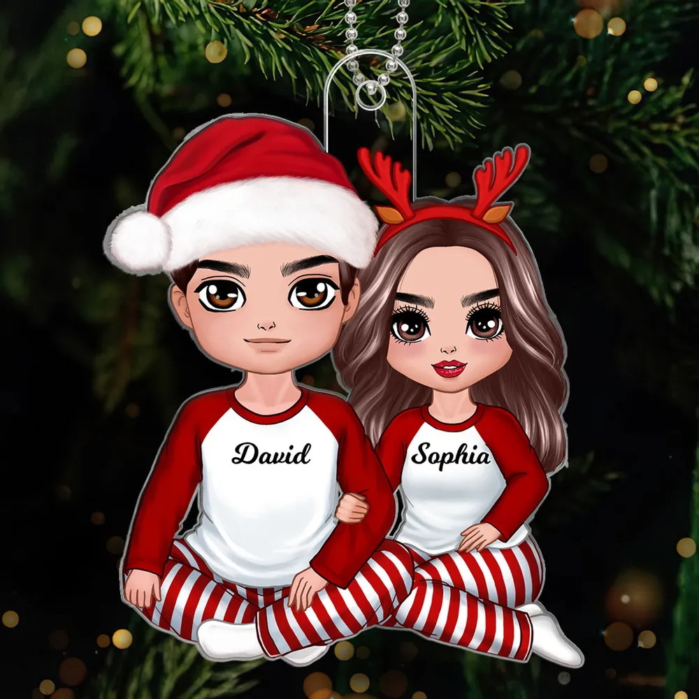 Christmas Doll Couple Sitting Hugging Personalized Acrylic Ornament