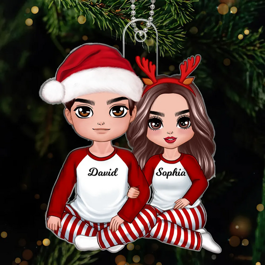 Christmas Doll Couple Sitting Hugging Personalized Acrylic Ornament