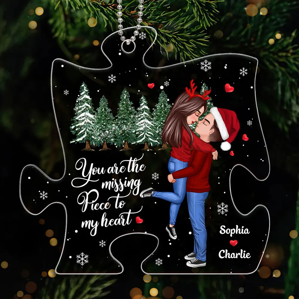 The Missing Piece To My Heart Christmas Winter Doll Couple Hugging Kissing Personalized Acrylic Ornament