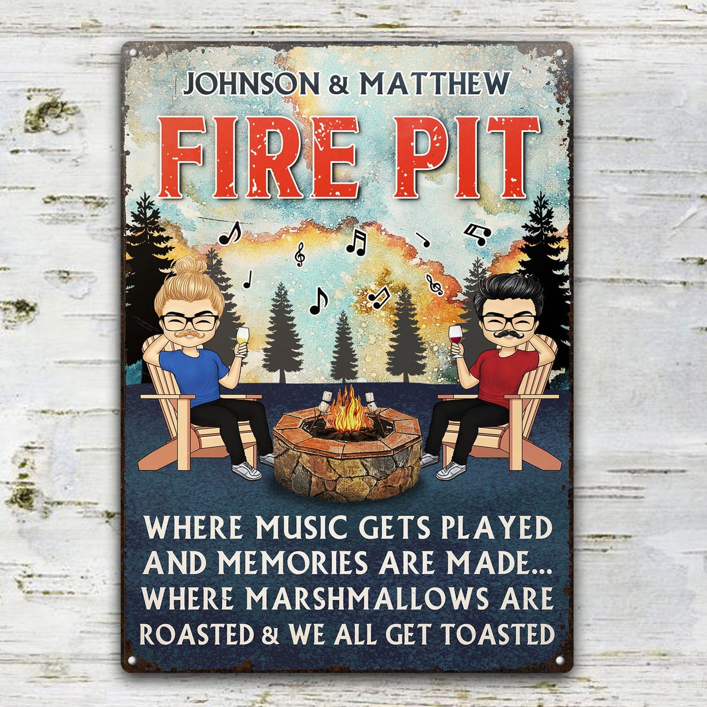 Where Music Gets Played And Memories Are Made Chibi Couple - Fire Pit Patio Garden Backyard Decoration - Personalized Custom Classic Metal Signs