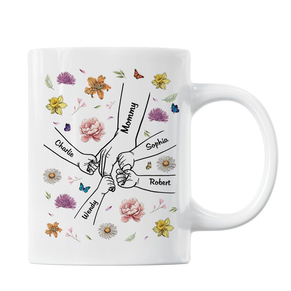 Kids Holding Mom Grandma Hand Birth Month Flowers Background Personalized Mug