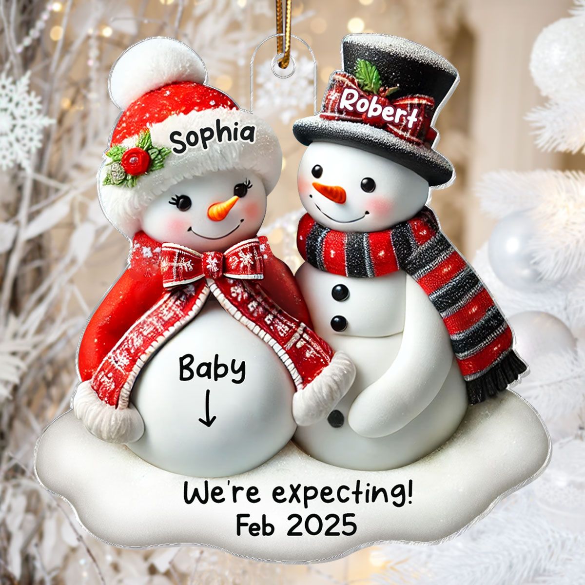 Snowman Couple Expecting Parents Pregnancy Announcement Keepsake Personalized Acrylic Ornament