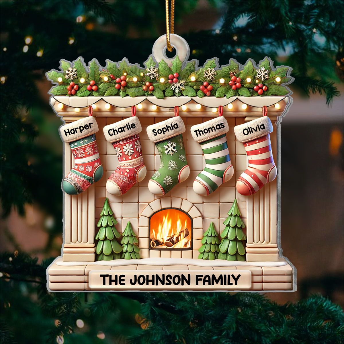 Realistic Family Christmas Stockings On Mantel Effect Personalized Acrylic Ornament