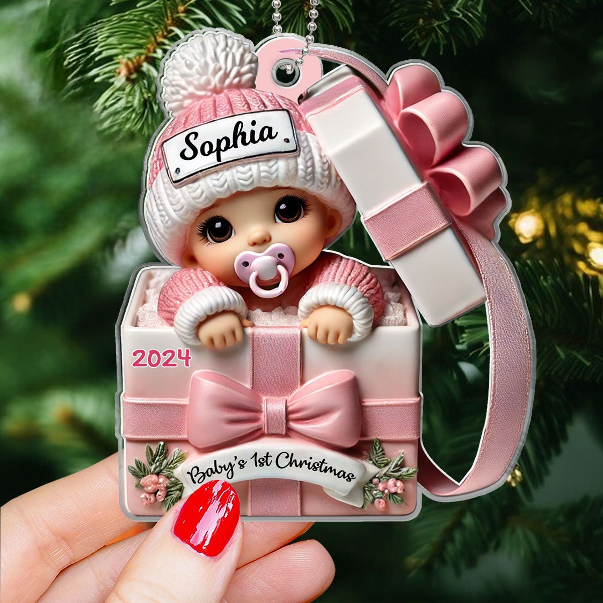 Baby Inside Gift Box Personalized Acrylic Ornament, Lovely Keepsake to Celebrate Baby's First Christmas