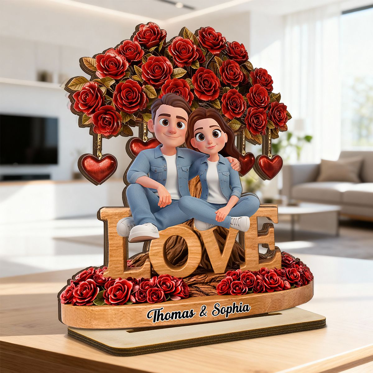 Couple Love Rose Tree Valentine's Day - Personalized 2-Layered Wooden Plaque - Sentimental Gift for Her, for Him