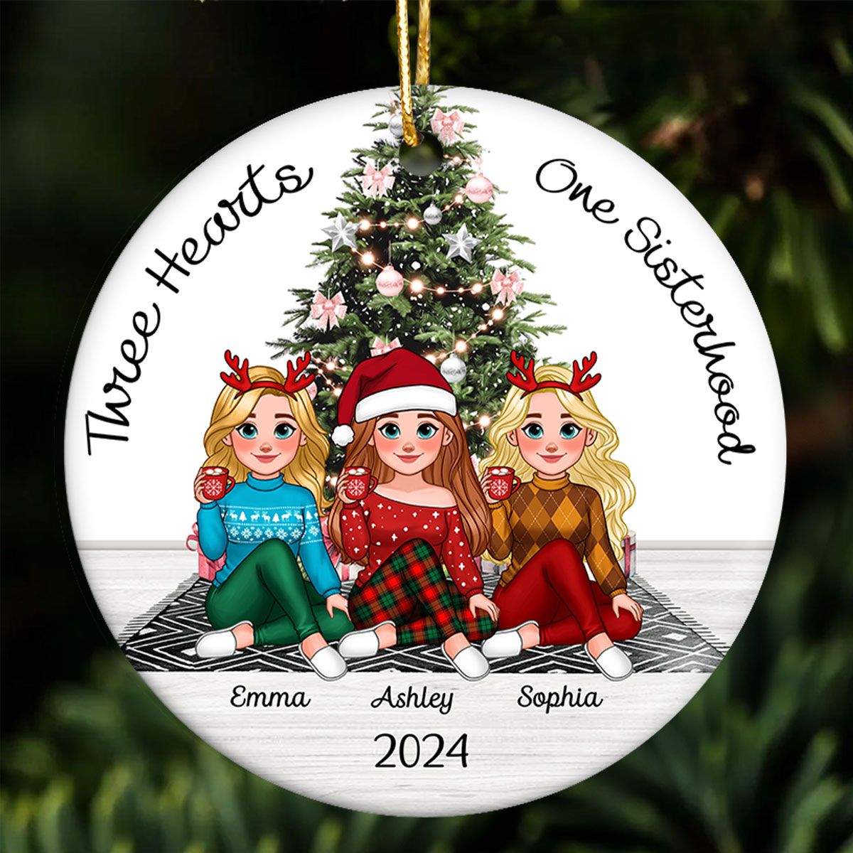 Sisterhood Animated Besties Christmas Personalized Ceramic Ornament