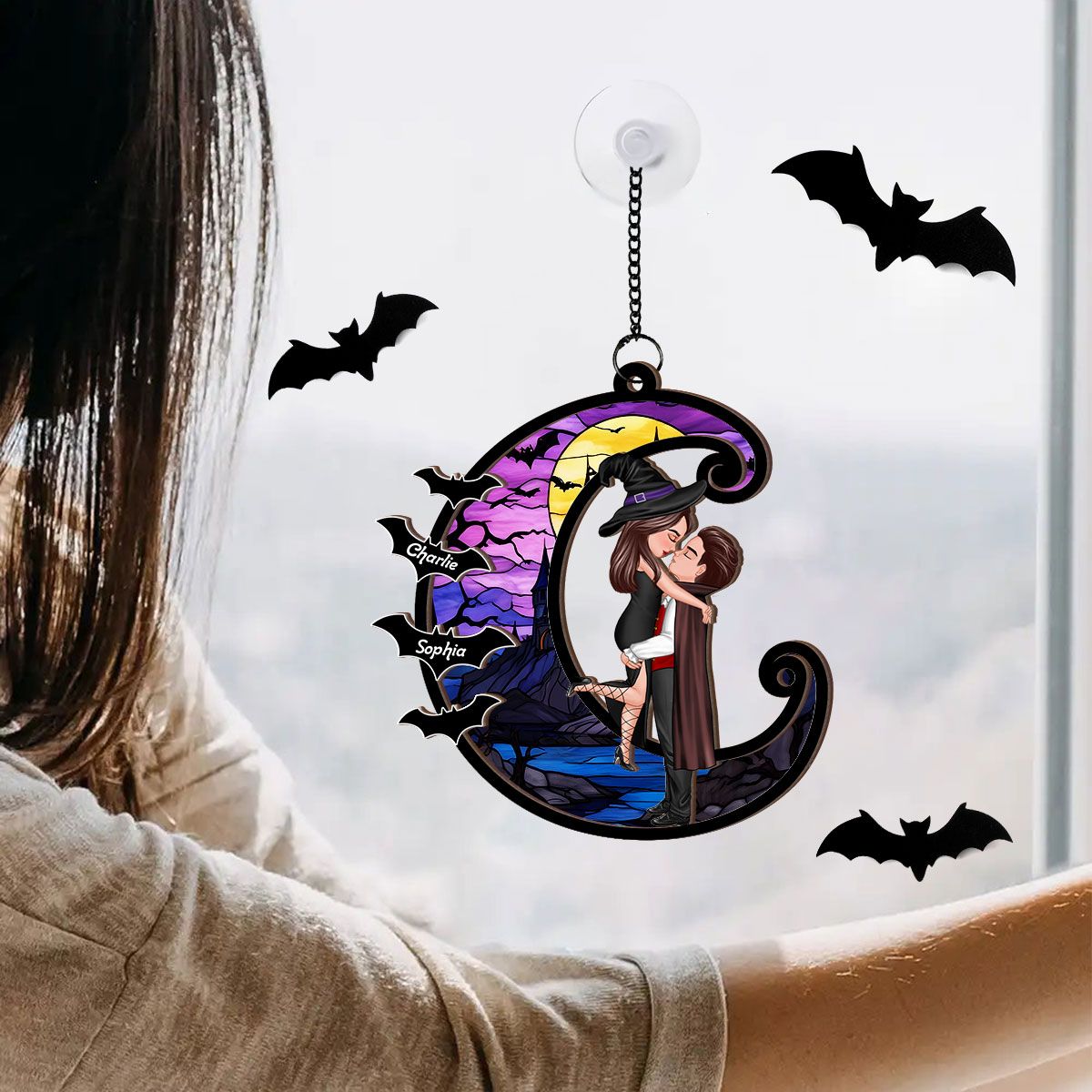 Halloween Couple Hugging Kissing On Moon Personalized Suncatcher, Halloween Decor