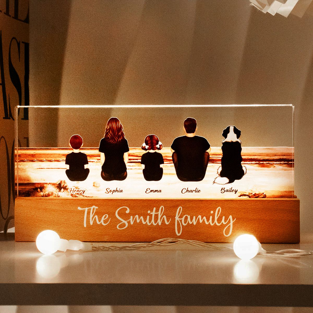 Family Sitting Back View Retro Vintage Beach Landscape Acrylic LED Night Light, Gift For Mom, Gift For Dad