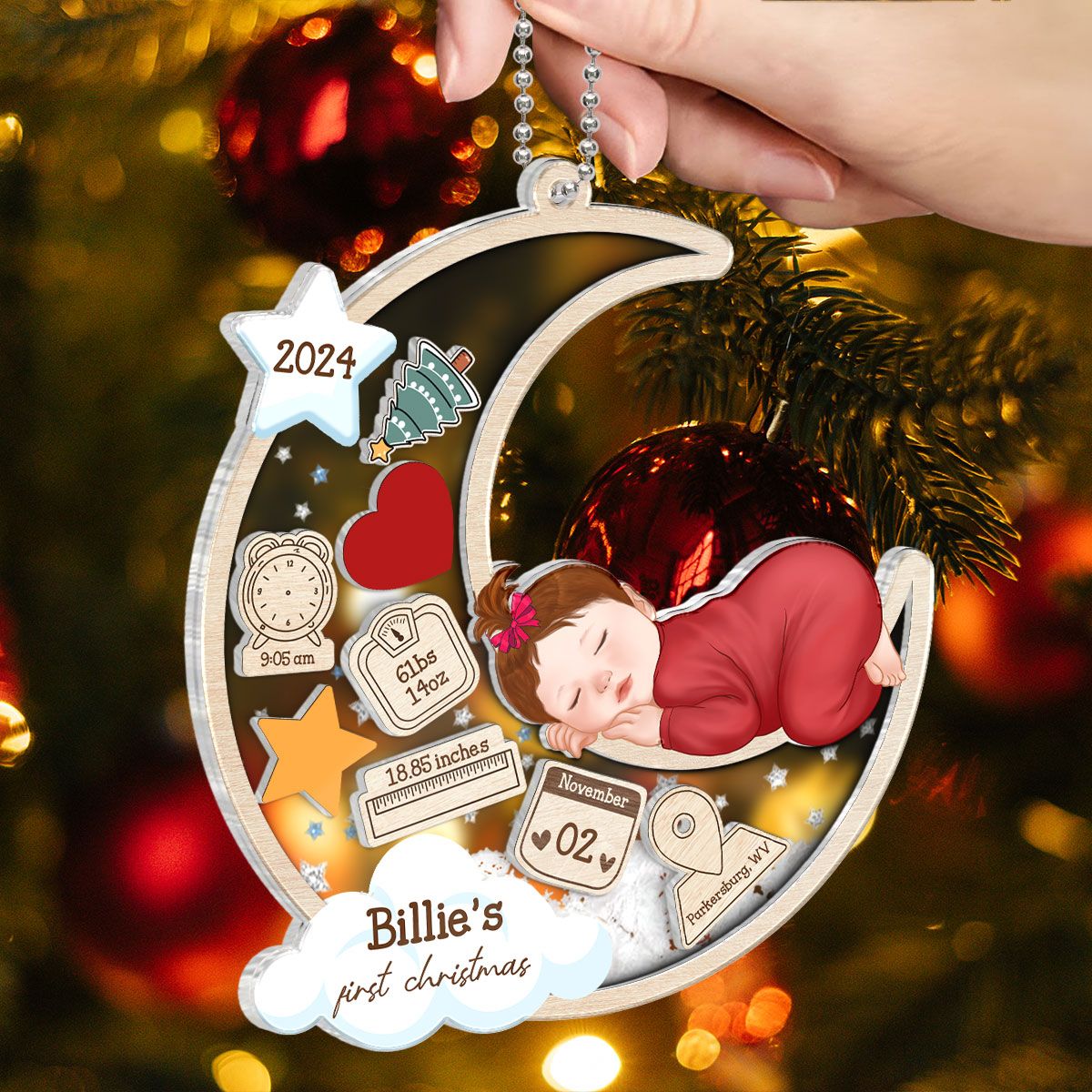 Baby Sleeping On Moon First Christmas Personalized Acylic Ornament, Custom Newborn Gift