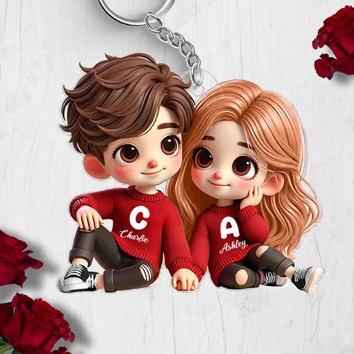 Cute Couple Sitting Together Personalized Acrylic Keychain, Gift for him, Gift for her