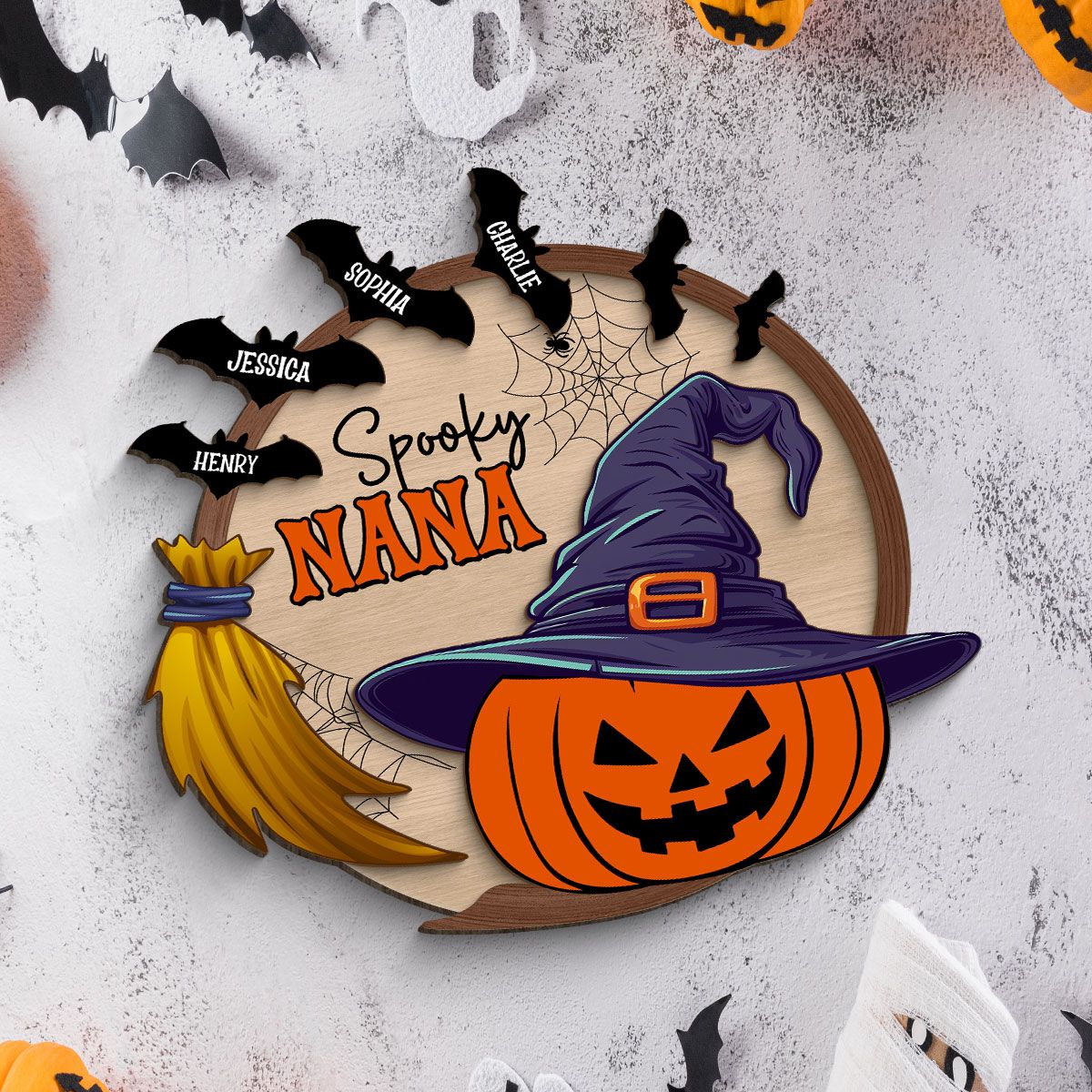 Spooky Grandma Mom Pumpkin Witch Hat Personalized 2-Layer Standing Wooden Plaque, Halloween Decor