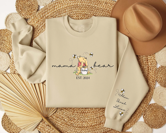 Custom Mama Bear Sweatshirt, Personalized Mama Est with Kid Name on Sleeve Unisex Sweatshirt