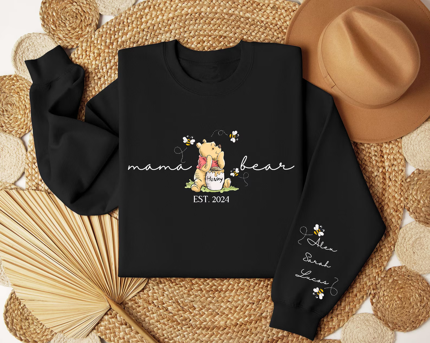 Custom Mama Bear Sweatshirt, Personalized Mama Est with Kid Name on Sleeve Unisex Sweatshirt