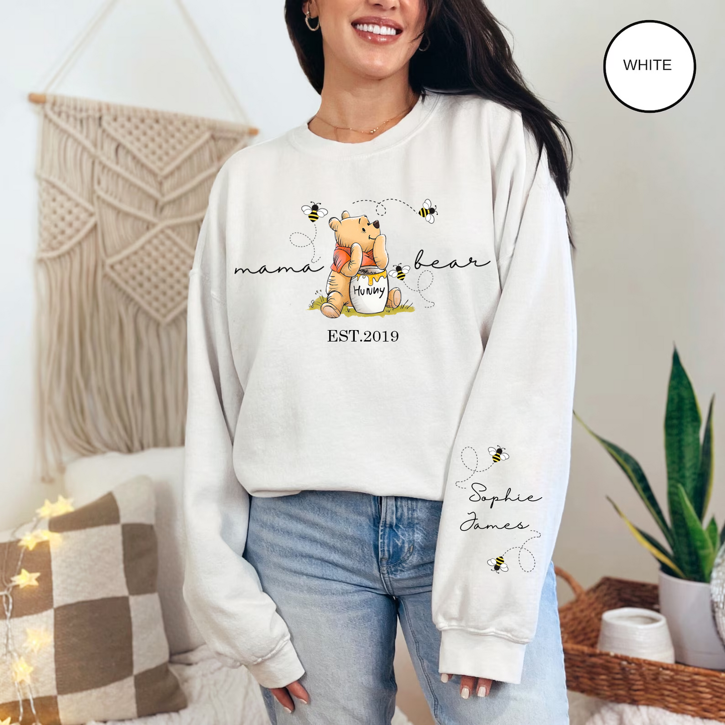 Custom Mama Bear Sweatshirt, Personalized Mama Est with Kid Name on Sleeve Unisex Sweatshirt