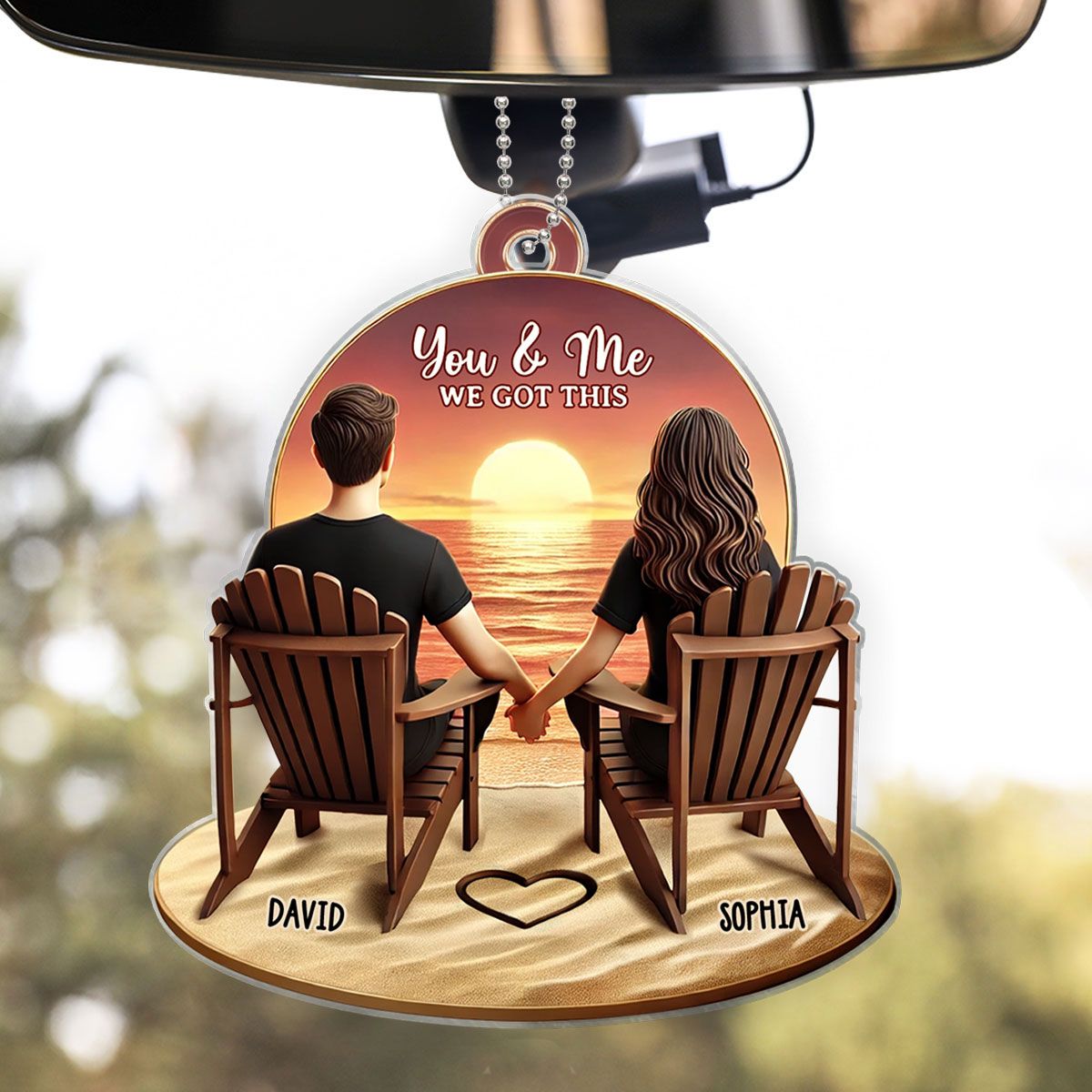 Couple Beach Landscape Retro Vintage Personalized Car Hanger, Anniversary Gift For Couple