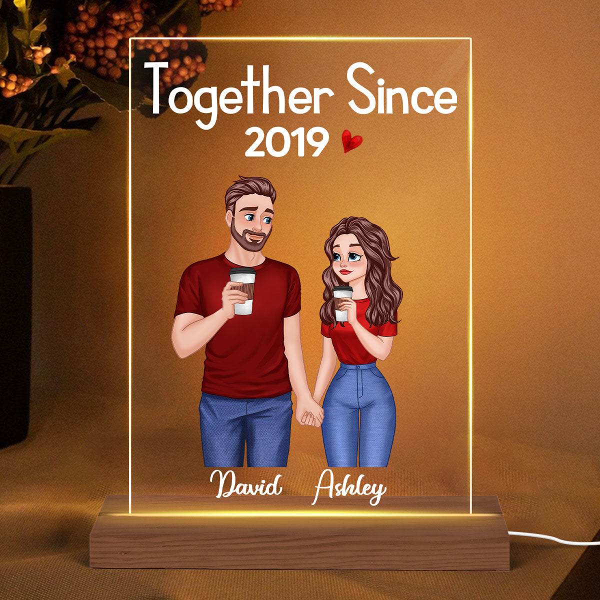 Cartoon Couple Hand In Hand Gift For Him Gift For Her Personalized Rectangle Acrylic Plaque With LED Night Light