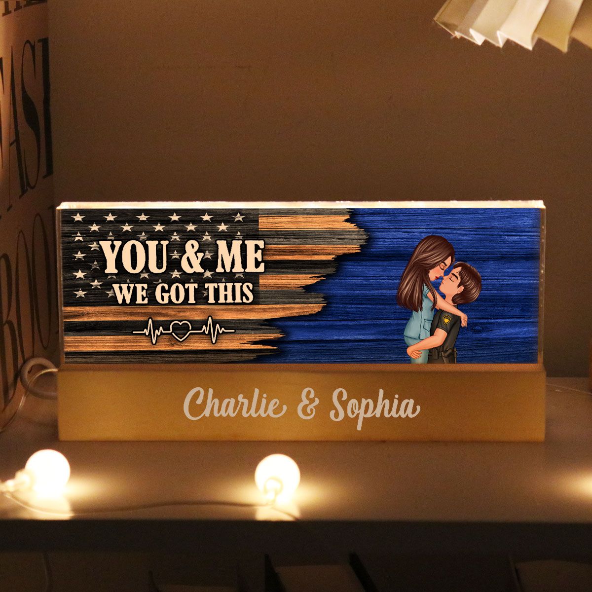 Hero Couple Hugging Kissing Half Flag Valentine's Day Gift by Occupation Personalized Acrylic Block LED Night Light