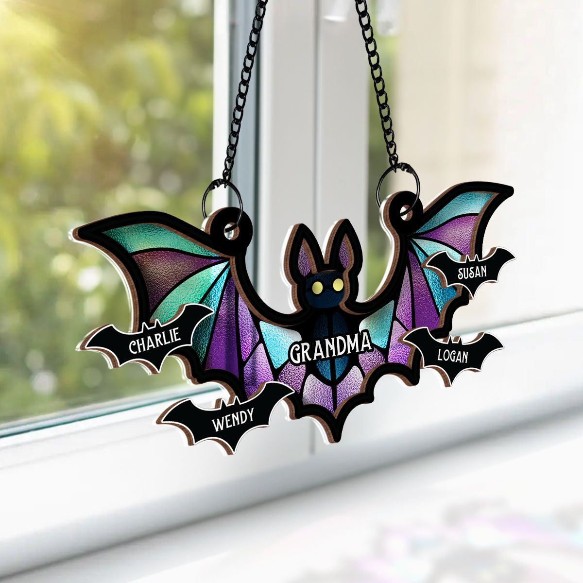 Grandma Spooky Bat Personalized Window Hanging Suncatcher Ornament, Halloween Decor