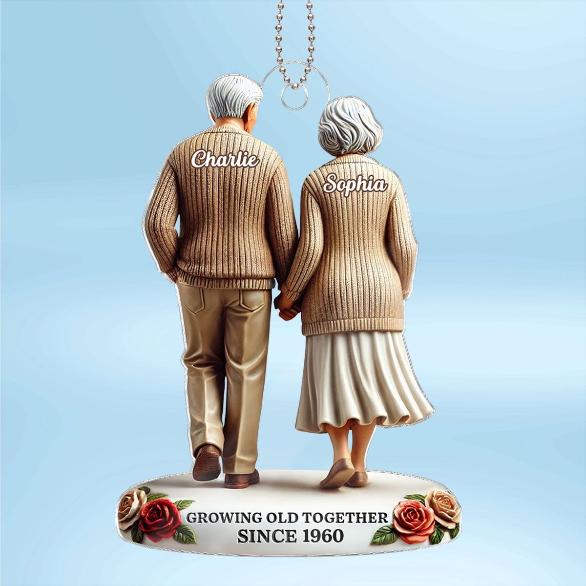 Old Couple Holding Hands Walking Together Personalized Car Hanger Ornament, Heartfelt Gift For Couple, For Him, For Her, Husband, Wife