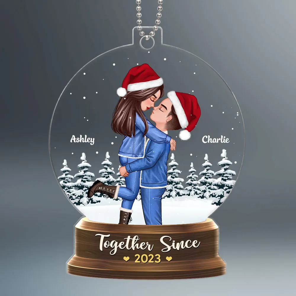 Couple Hugging In Christmas Night Snow Globe Personalized Acrylic Ornament