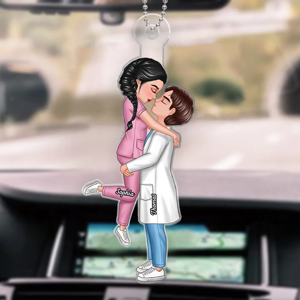 Hero Couple Hugging Kissing Personalized Acrylic Car Hanger Ornament, Anniversary Valentine's Day Gift For Him, For Her, For The Couple