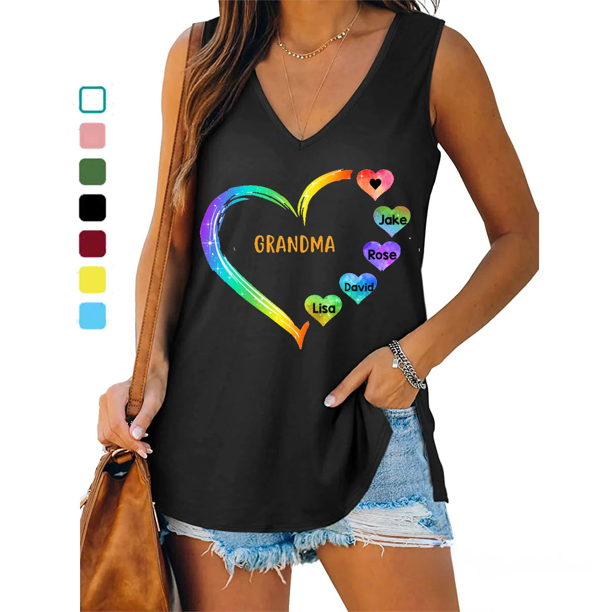 Heart Mom Grandma Personalized Women Tank Top V Neck Casual Flowy Sleeveless