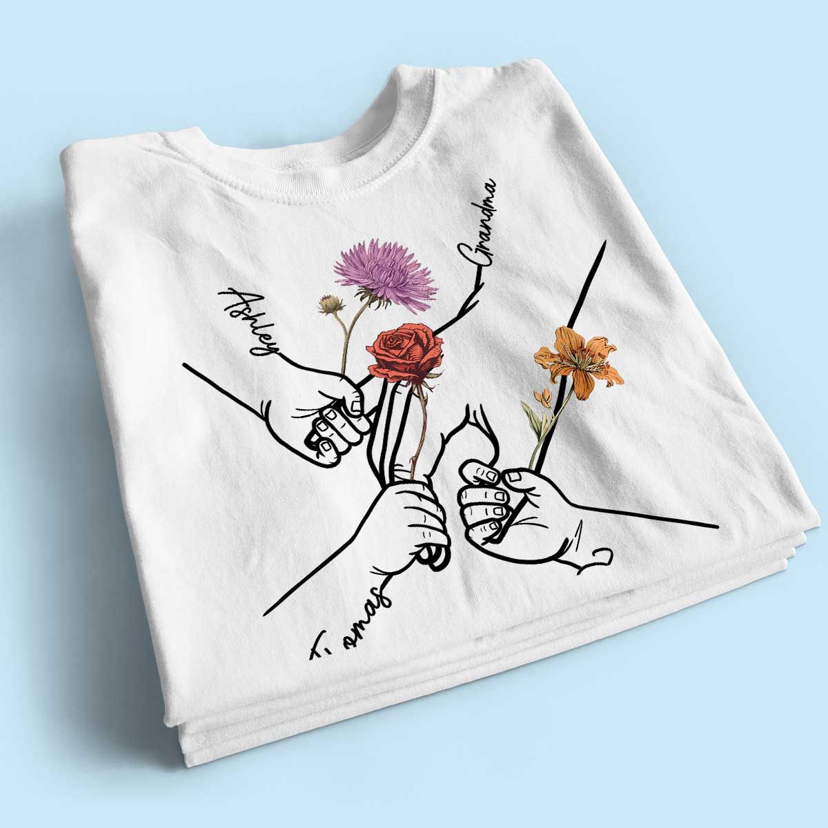 Kids Holding Grandma Mom Hand Birth Month Flowers Personalized Shirt