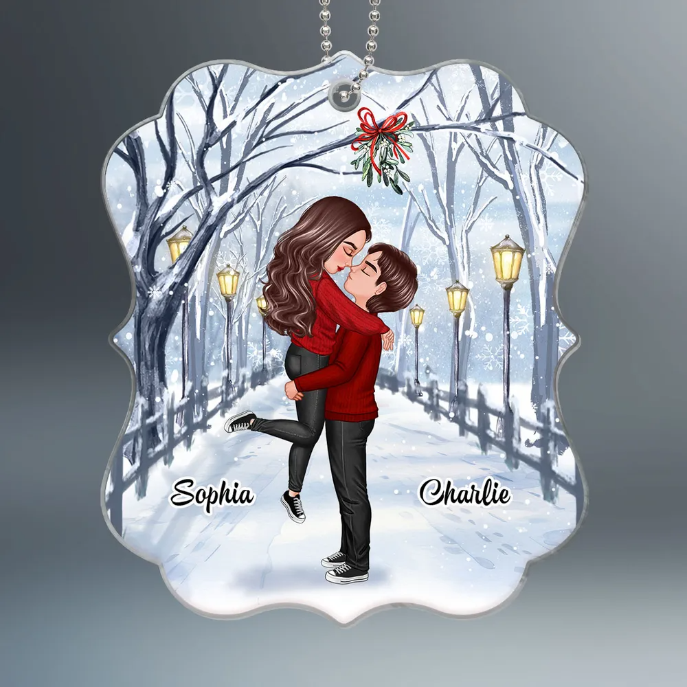 Doll Couple Hugging Kissing Under Mistletoe Personalized Acrylic Ornament