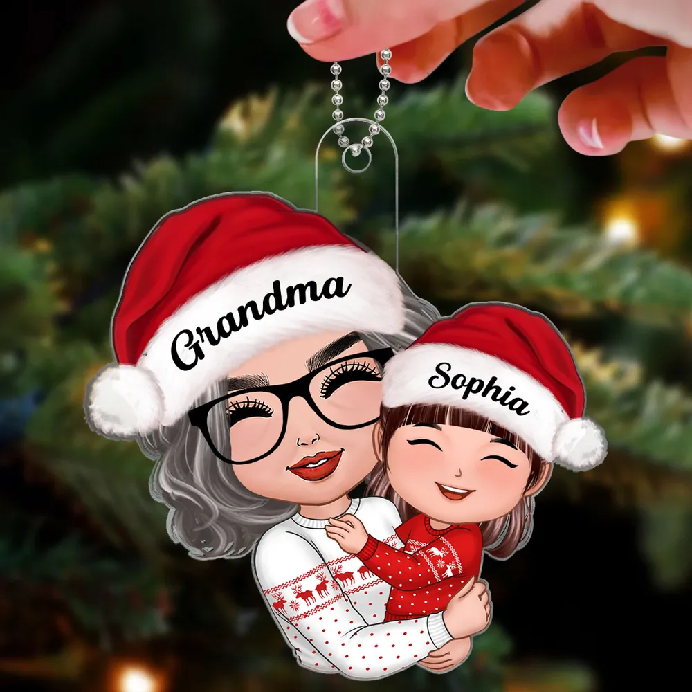 Doll Grandma Mom Hugging Kid Christmas Gift For Granddaughter Grandson Personalized Acrylic Ornament