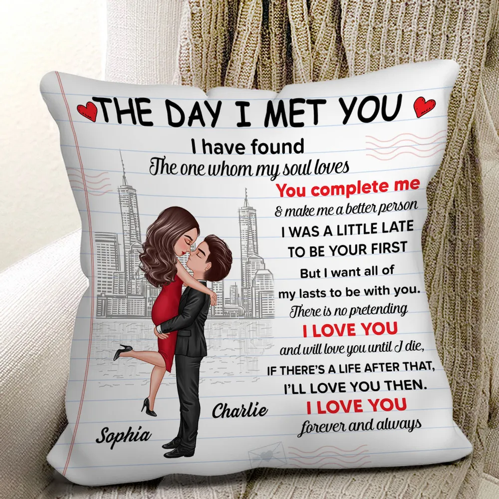 The Day I Met You Couple Skyline Personalized Pillow