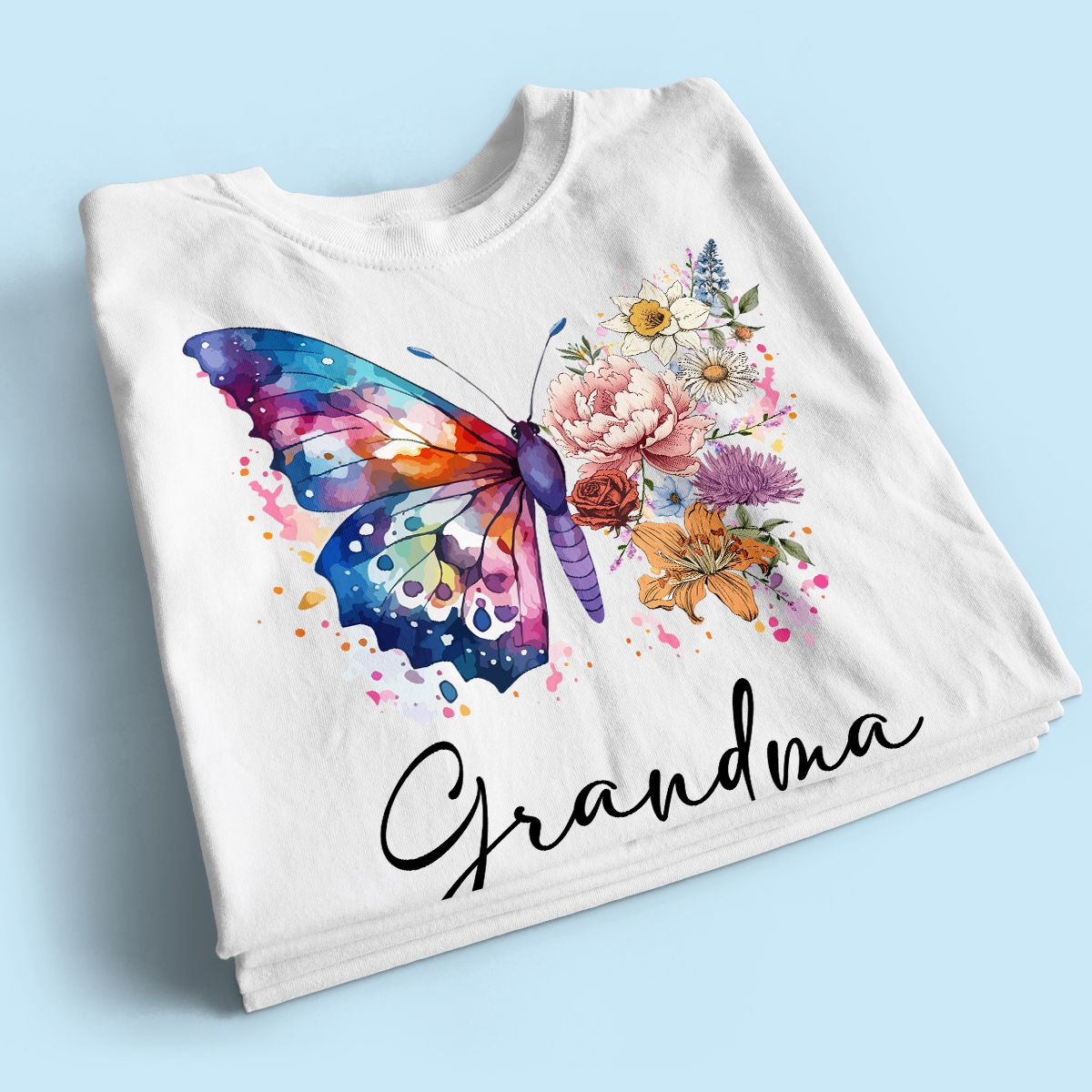 Grandma Mom Half Butterflies Birth Month Flowers Personalized Shirt