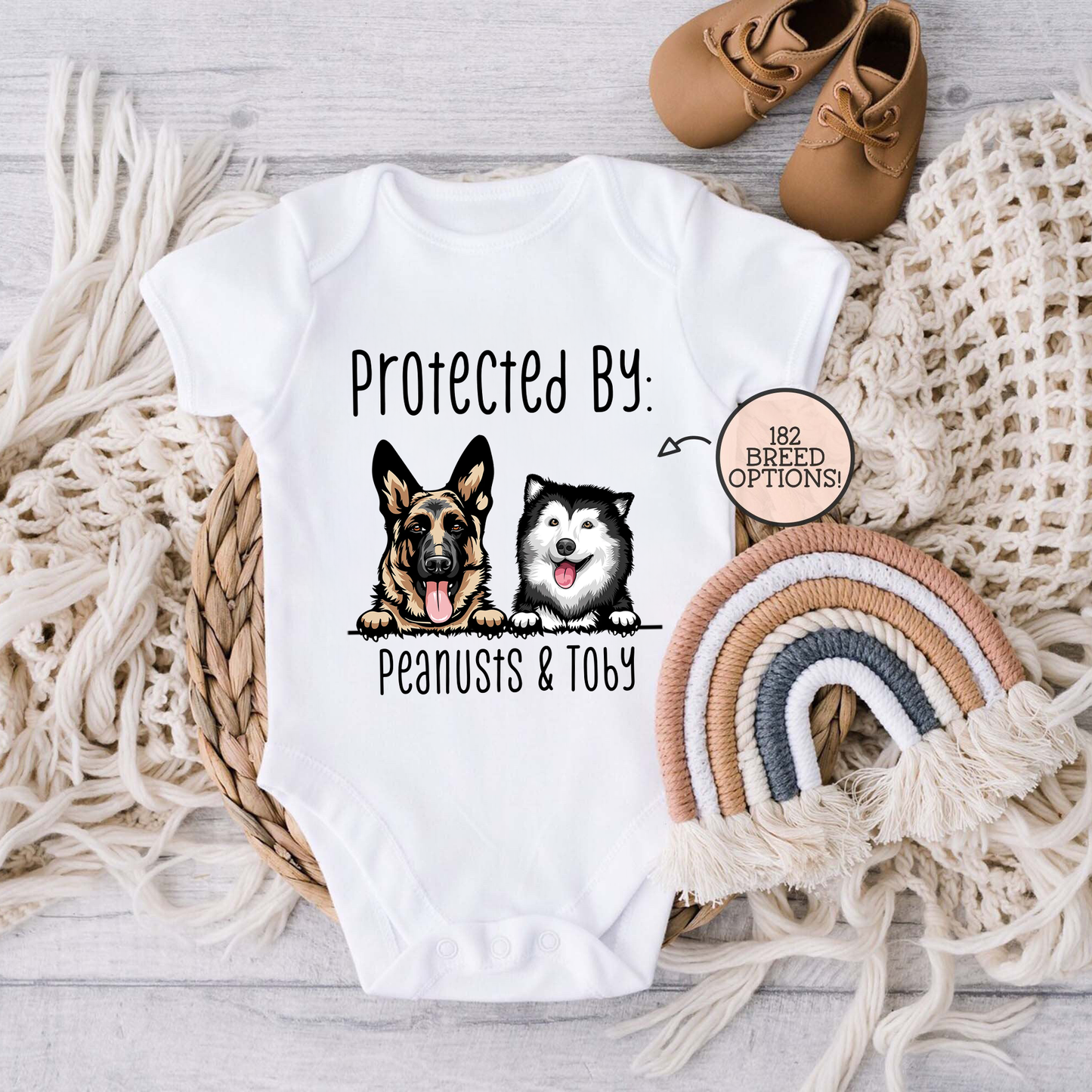 Personalized Baby Gift Baby Shower Gift, Protected by Dogs Onesie