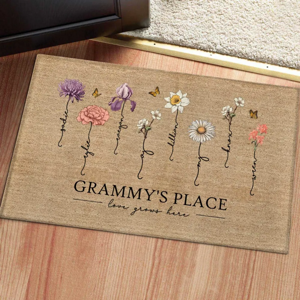 Grandma‘s Garden Love Grows Here Vintage Birth Flowers Swirl Name Personalized Doormat, Mother's Day Gift, Gift For Her, Mom, Grandma