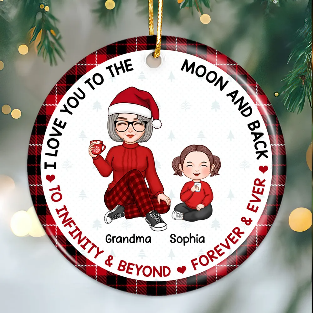 Love To The Moon Plaid Cute Grandma & Grandkid Sitting Personalized Circle Ornament