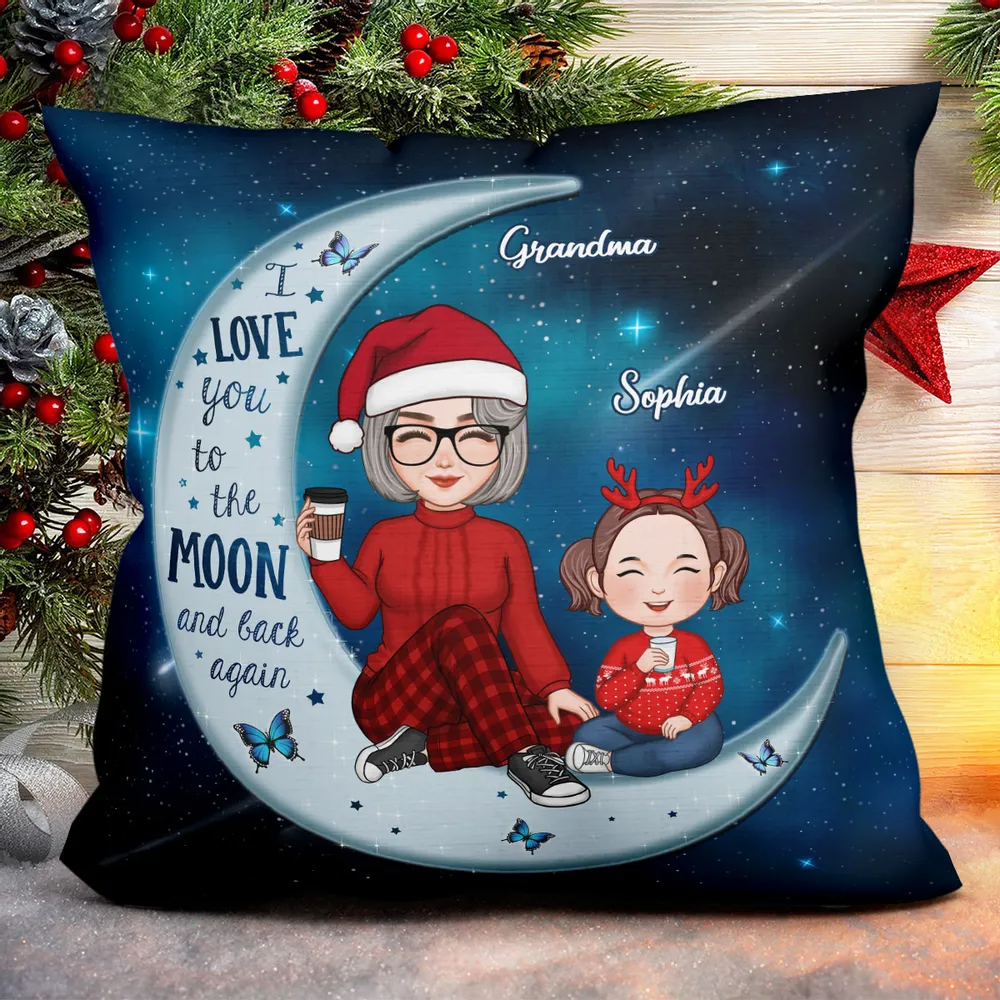 Cute Grandma & Grandkid On Moon Christmas Gift For Grandson Granddaughter Personalized Polyester Linen Pillow