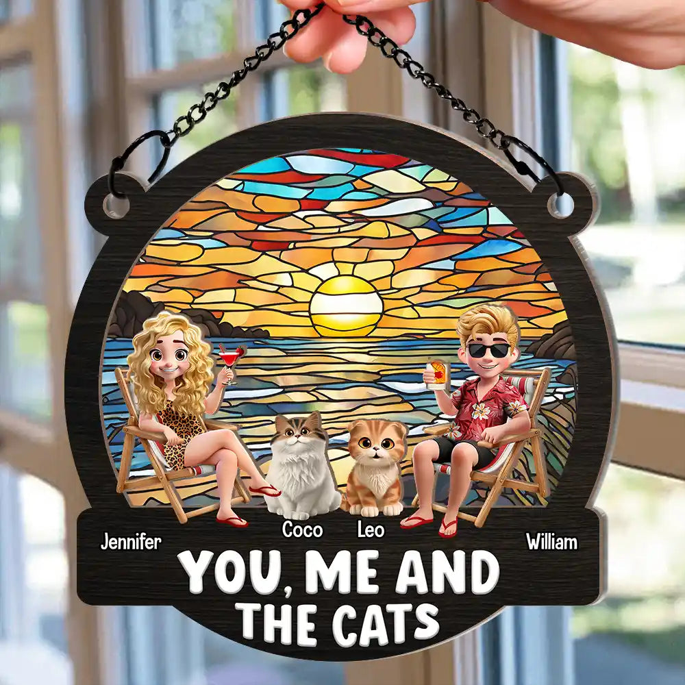 Beach You, Me And The Cats - Personalized Window Hanging Suncatcher Ornament