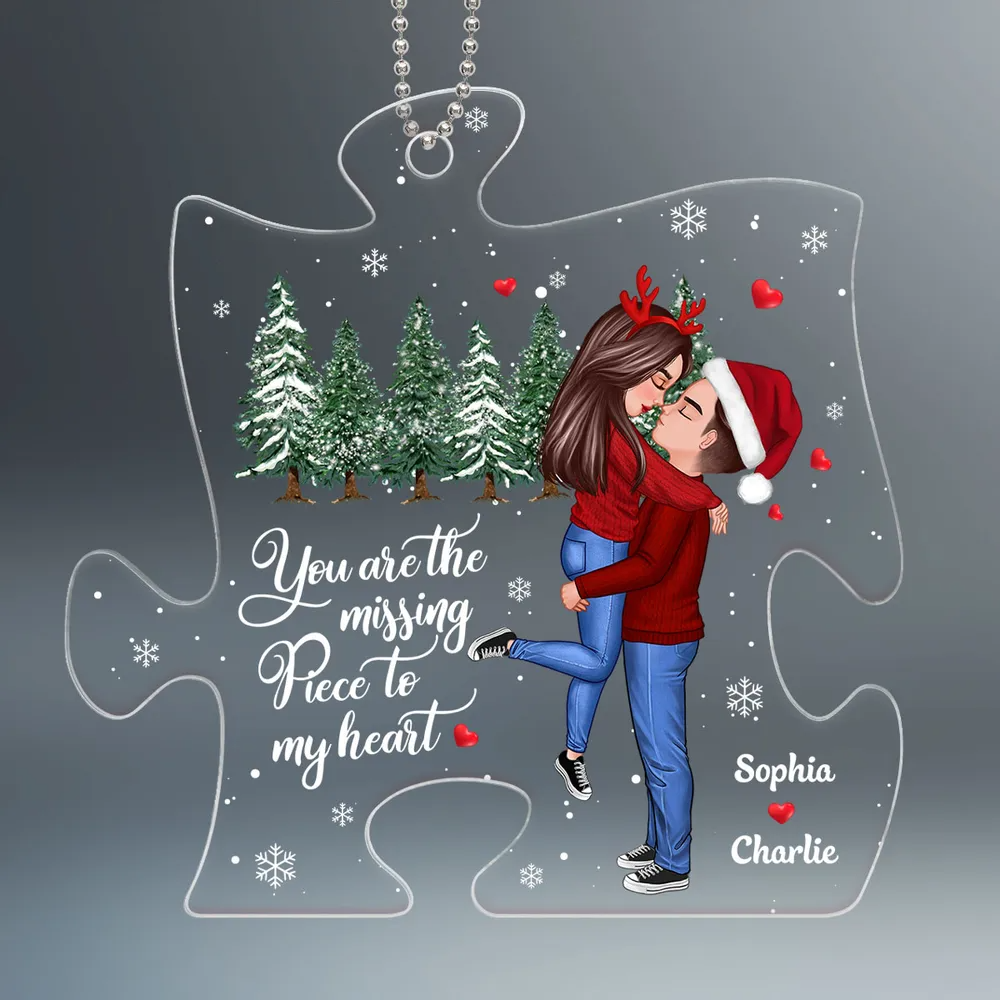 The Missing Piece To My Heart Christmas Winter Doll Couple Hugging Kissing Personalized Acrylic Ornament